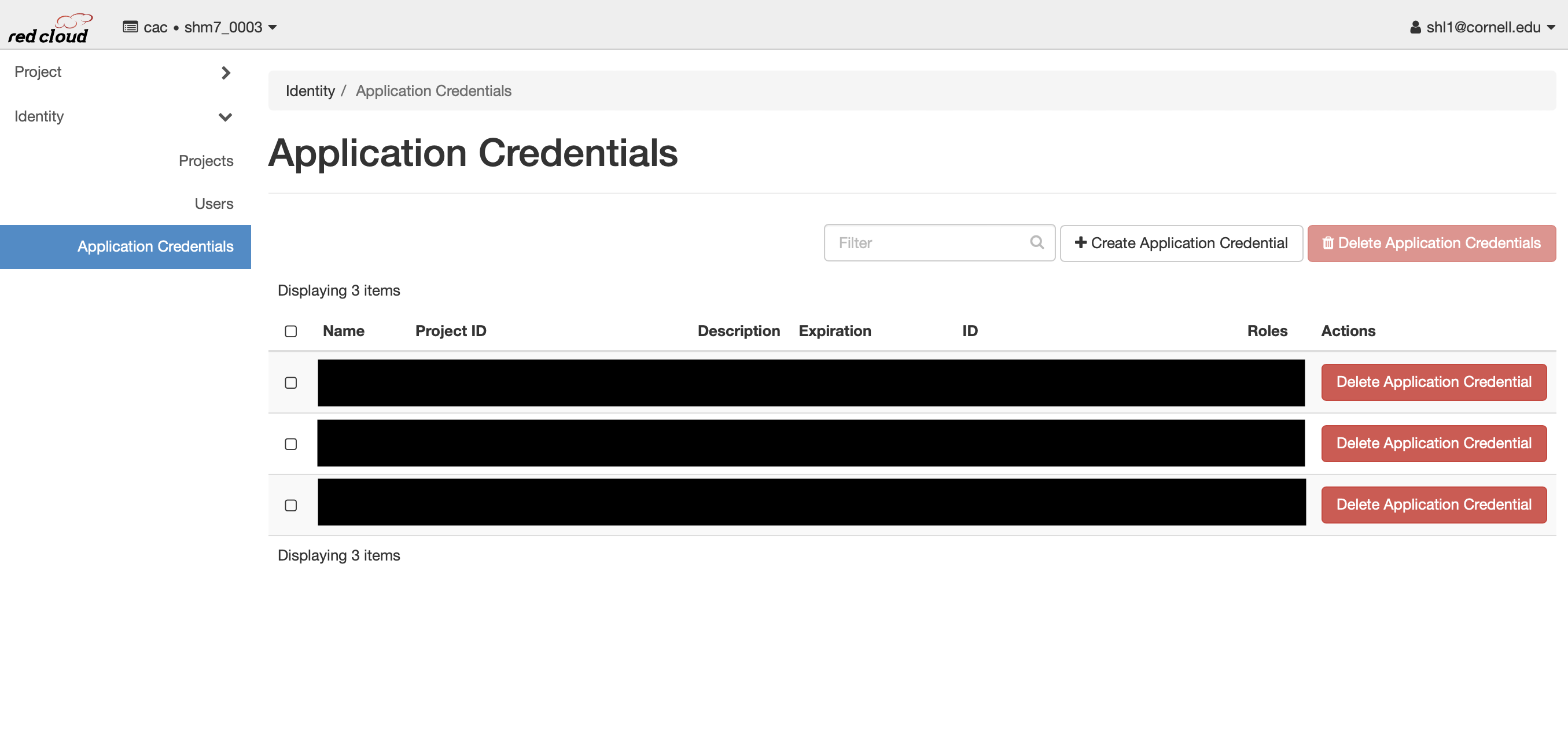 List Existing Application Credentials